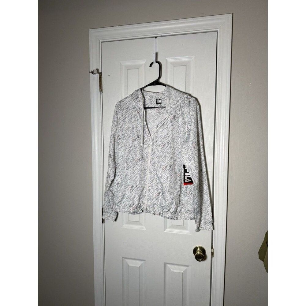 FILA Women’s Lightweight Windbreaker Jacket White Logo Print Zip Front Large